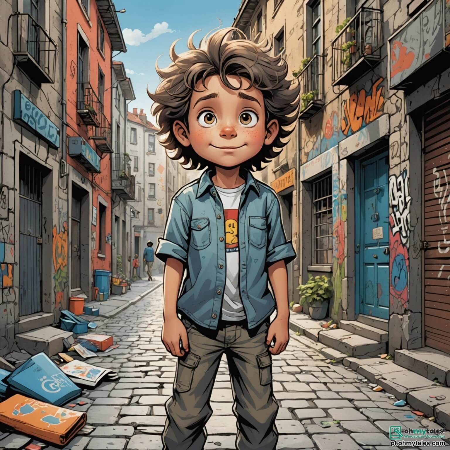 Une illustration destinée aux enfants représentant un jeune garçon aux cheveux ébouriffés et aux yeux pétillants de curiosité, vêtu d'une vieille chemise trop grande et d'un pantalon rapiécé, qui se tient dans un quartier animé d'une grande ville, où les immeubles gris et fatigués se dressent comme des géants endormis, tandis que des enfants aux rires éclatants jouent dans une ruelle pavée, entourés de murs couverts de graffitis colorés, et où sa mère, une femme au visage marqué par le souci et la fatigue, prépare le dîner dans leur petit appartement au rez-de-chaussée, où les odeurs de plats simples se mêlent à celles de la vie quotidienne, tandis que son meilleur ami, un garçon au sourire contagieux, l'encourage à rêver d'aventures malgré les difficultés qui les entourent.