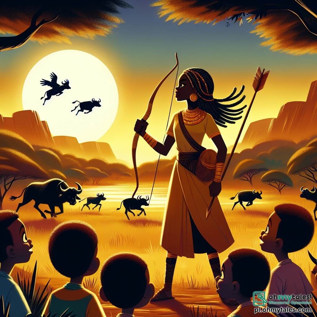 Une illustration sous forme de dessin destinée aux enfants représentant une vaste savane africaine baignée par la lumière dorée du soleil couchant, où une jeune femme courageuse aux cheveux tressés et à la peau dorée se tient fièrement, brandissant un arc en bois, entourée de jeunes enfants aux yeux brillants, écoutant attentivement ses récits d'aventure, tandis qu'en arrière-plan, des silhouettes de buffles effrayés fuient vers la forêt, évoquant le danger imminent des rabatteurs, le tout dans une ambiance de mystère et de magie.