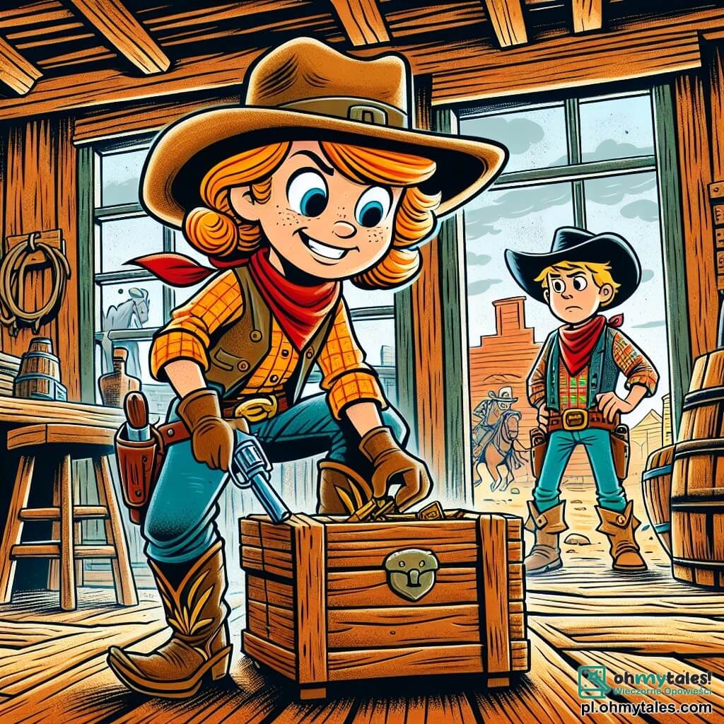 Une illustration sous forme de dessin destinée aux enfants représentant un vieux saloon en bois, avec des murs usés par le temps et des fenêtres poussiéreuses, où une courageuse cow-boyette aux cheveux châtains, portant un large chapeau de cowboy et des bottes à éperons, fouille une vieille caisse en bois avec un air déterminé, tandis qu'un jeune cowboy aux cheveux blonds, vêtu d'une chemise à carreaux et d'un bandana rouge, l'observe avec curiosité, alors qu'ils découvrent ensemble un trésor caché, symbolisant l'amitié et l'aventure au cœur de l'Ouest sauvage.