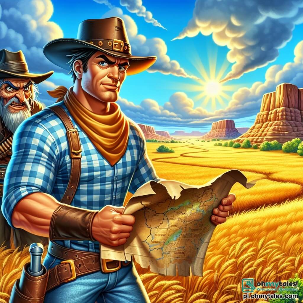 Une illustration sous forme de dessin destinée aux enfants représentant un vaste paysage de prairie dorée sous un ciel bleu éclatant, avec un cowboy homme à la stature musclée, portant un chapeau de cowboy usé, une chemise à carreaux et des bottes en cuir, tenant une carte dans une main tout en regardant avec détermination vers un canyon mystérieux, tandis qu'un vieux bandit homme, au visage buriné et aux yeux rusés, se cache derrière un rocher, observant la scène avec un sourire malicieux, illustrant le moment où le cowboy se prépare à affronter les dangers du Wąwoz Strachu pour retrouver un trésor volé.