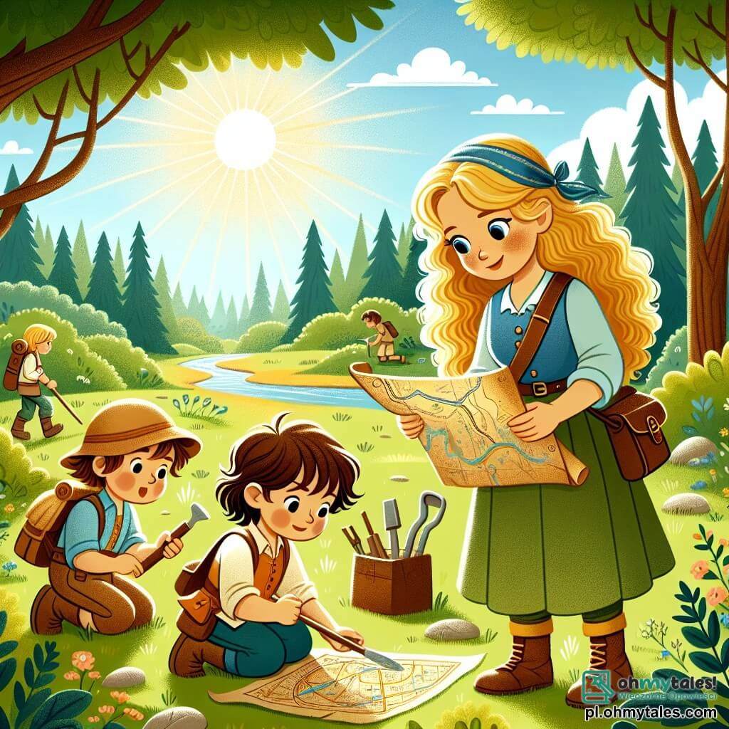 Une illustration sous forme de dessin destinée aux enfants représentant une clairière ensoleillée dans une forêt verdoyante, où une femme aux longs cheveux bouclés dorés, vêtue de bruns et de bleu, examine attentivement une vieille carte archéologique, tandis que deux enfants, un garçon aux cheveux bruns et une fille aux cheveux blonds, s'affairent autour d'une petite excavation, tenant des outils de fouille et affichant des expressions d'excitation et de curiosité, illustrant leur quête pour découvrir un trésor caché et explorer les mystères du passé.