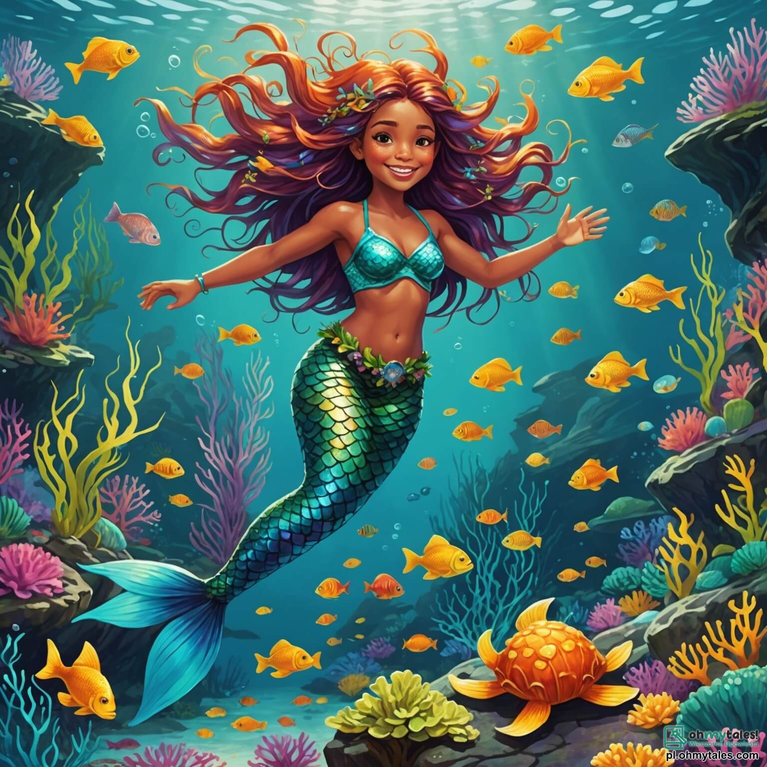 Une illustration destinée aux enfants représentant une sirène aux cheveux flamboyants comme des algues dansantes, avec un sourire éclatant et un long corps scintillant aux écailles multicolores, nageant joyeusement dans une baie enchanteresse où l'eau turquoise caresse doucement des rochers recouverts de mousse dorée, entourée de poissons aux teintes vives qui virevoltent autour d'elle, tandis qu'un drôle de crabe à lunettes, un peu timide et maladroit, l'observe depuis un coin de sable fin, tous deux cherchant à résoudre le mystère d'une mystérieuse mélodie qui résonne au fond de l'océan, dans un monde sous-marin rempli de coraux chatoyants et de coquillages étincelants, où la lumière du soleil filtre à travers les vagues, créant un spectacle féerique de couleurs et de magie.