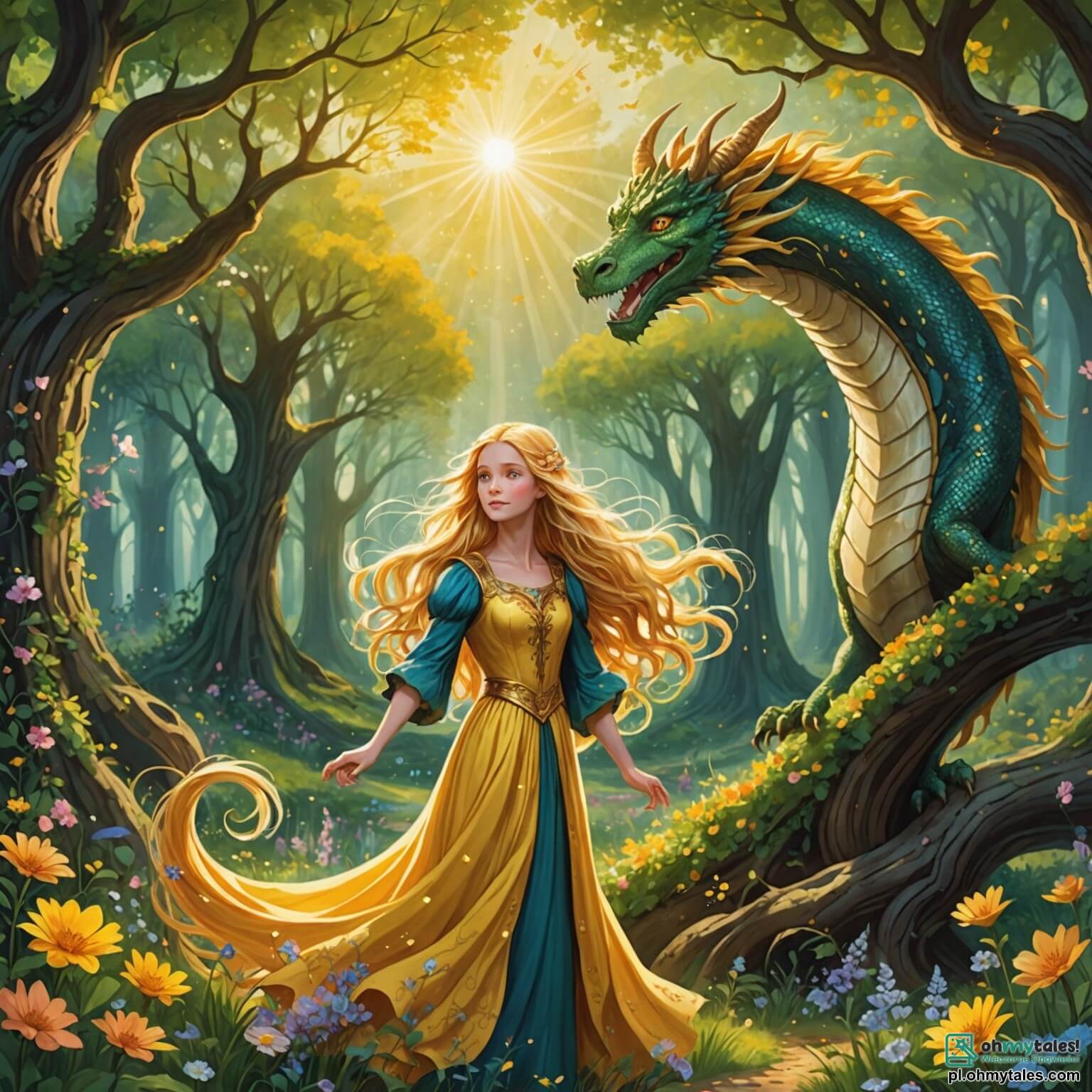Une illustration destinée aux enfants représentant une femme au cœur pur, aux longs cheveux dorés flottant comme des rayons de soleil, se tenant courageusement au bord d'une magnifique clairière enchantée, où des fleurs multicolores dansent sous la douce brise, entourée d'arbres majestueux aux troncs noueux et aux feuilles scintillantes, tandis qu'un dragon aux écailles étincelantes et aux yeux perçants, à la fois imposant et sage, veille sur un précieux trésor caché, et où un groupe d'animaux amicaux, comprenant un renard rusé et un hibou sage, l'observe avec curiosité, alors qu'elle se prépare à réaliser son vœu le plus cher dans ce royaume féerique baigné de lumière et de magie.