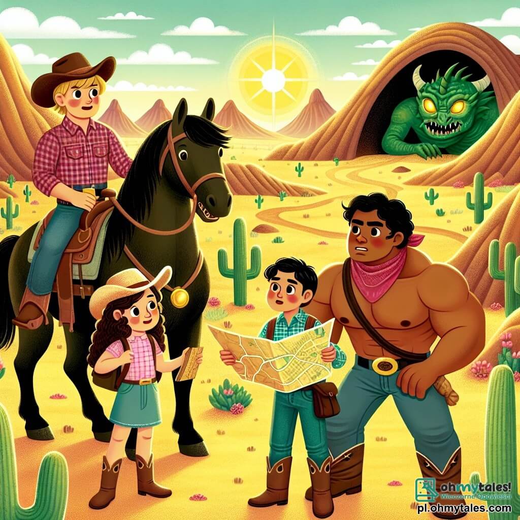 Une illustration sous forme de dessin destinée aux enfants représentant une vaste vallée ensoleillée du Far West, avec des collines dorées et des cactus éparpillés, où un jeune homme courageux, portant un chapeau de cowboy et une chemise à carreaux, se tient fièrement sur son cheval rapide, tandis qu'à ses côtés, une fille aux cheveux bouclés et une casquette, tenant une carte, et un garçon musclé avec un bandana autour du cou, regardent avec émerveillement une grande jaskinia sombre, où un dragon vert aux yeux dorés se prépare à les écouter, illustrant le moment où ils tentent de convaincre le dragon de devenir leur ami et de partager le légendaire Złoty Kamień.
