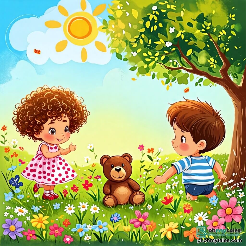 Une illustration sous forme de dessin destinée aux enfants représentant un jardin ensoleillé avec des fleurs colorées et un grand arbre, où une petite fille de 2 ans aux cheveux bouclés et aux yeux pétillants, vêtue d'une robe à pois, cherche son ours en peluche perdu dans l'herbe, tandis qu'un garçon de 3 ans aux cheveux châtains et portant un t-shirt rayé l'aide en scrutant les buissons, tous deux affichant des expressions de curiosité et d'excitation, entourés de jouets éparpillés et d'un ciel bleu éclatant.