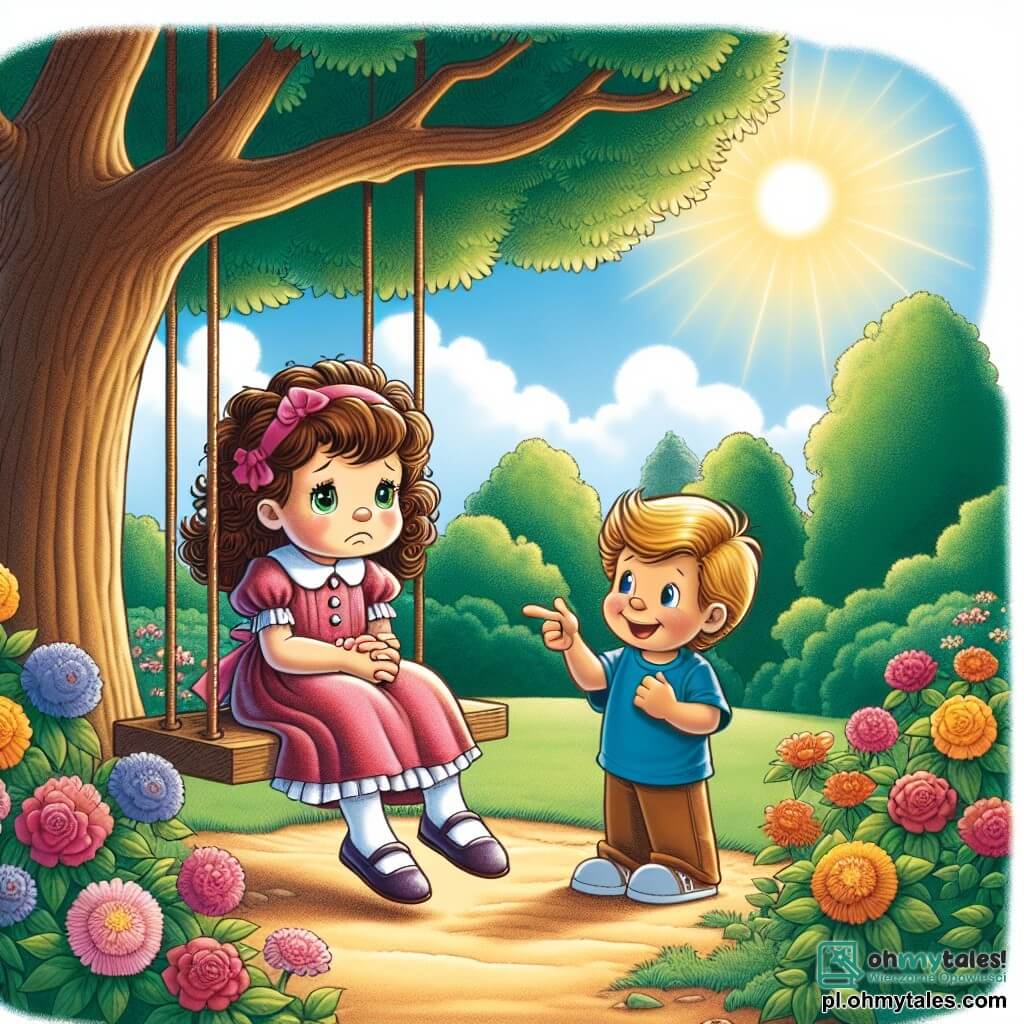 Une illustration sous forme de dessin destinée aux enfants représentant un parc ensoleillé avec des arbres verdoyants et des fleurs colorées, où une petite fille de 5 ans aux cheveux bruns et bouclés, portant une robe rose, est assise sur une balançoire, l'air pensif et triste, tandis qu'un garçon de son âge aux cheveux blonds, vêtu d'un t-shirt bleu, s'approche d'elle avec un sourire amical, essayant de la réconforter, illustrant ainsi la situation délicate de l'absence de son père et la recherche de soutien parmi ses amis.