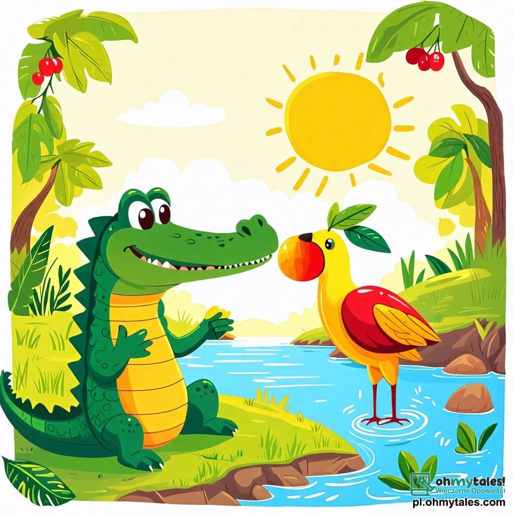 Une illustration sous forme de dessin destinée aux enfants représentant une rivière ensoleillée avec des rives verdoyantes, où un crocodile aux écailles vertes et aux yeux pétillants, assis sur la berge, regarde avec curiosité un oiseau coloré aux plumes jaunes et rouges qui tient un mango juteux dans son bec, tandis que le crocodile, avec un grand sourire, semble impatient de goûter à ce fruit délicieux, créant une atmosphère joyeuse et amicale.