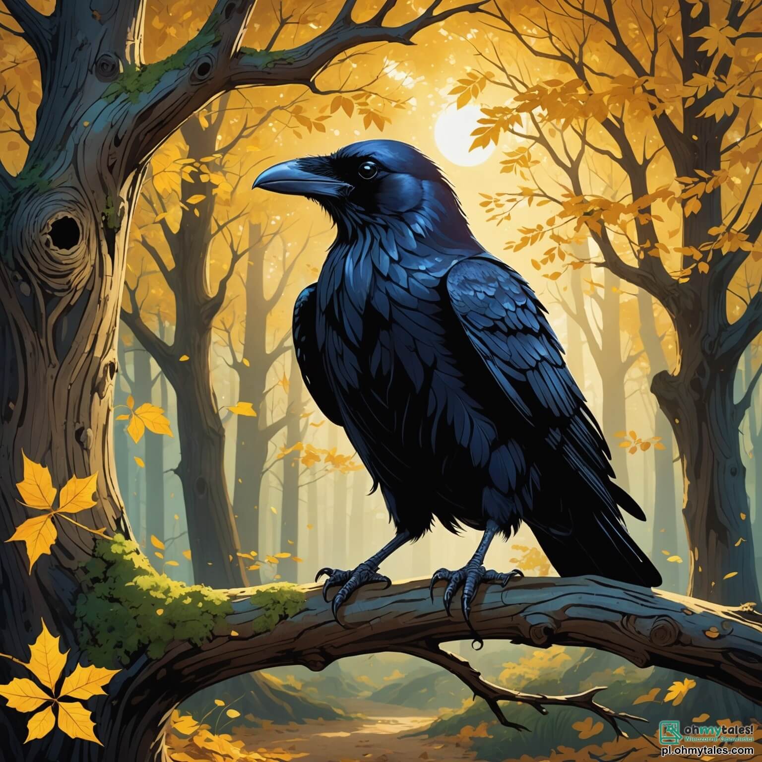Une illustration destinée aux enfants représentant un majestueux corbeau aux plumes d'un noir éclatant, perché sur une branche tordue d'un vieux chêne, ses yeux pétillants de curiosité scrutant les merveilles d'une forêt enchantée, où les rayons du soleil filtrent à travers le feuillage dense, créant des motifs de lumière dansants sur le sol tapissé de feuilles dorées, tandis qu'à ses côtés, une petite fée aux ailes scintillantes et un rusé renard aux poils flamboyants se préparent à l'aventure, rêvant de découvrir les secrets cachés de ce royaume magique, où chaque murmure du vent semble raconter une histoire oubliée.
