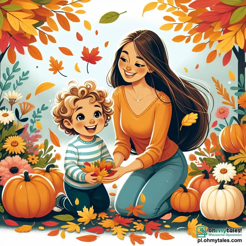 Une illustration sous forme de dessin destinée aux enfants représentant un jardin d'automne coloré avec des feuilles jaunes, oranges et rouges tombant des arbres, où un petit garçon de 1 an aux cheveux bouclés et aux yeux pétillants s'amuse à ramasser des feuilles, tandis qu'une maman souriante aux cheveux longs et bruns l'observe avec tendresse, tous deux entourés de citrouilles et de fleurs d'automne, capturant la magie et la joie de la saison.