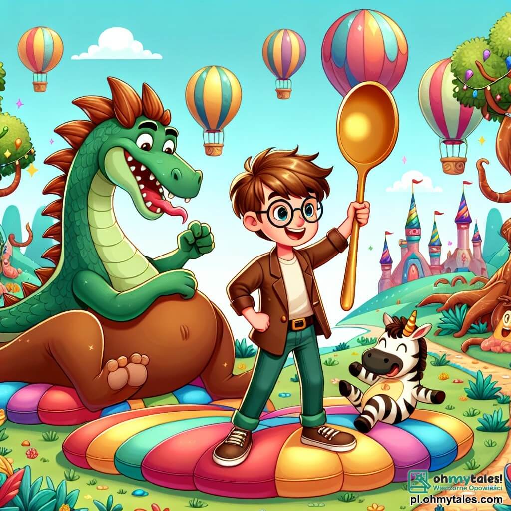 Une illustration sous forme de dessin destinée aux enfants représentant un paysage enchanteur de la Krainy Zabaw, avec des arbres dansants et des balons colorés flottant dans l'air, où un garçon de 11 ans aux cheveux bruns ébouriffés et portant des lunettes, se tient au centre, tenant une grande cuillère dorée avec un air déterminé, tandis qu'une balon de zèbre souriante, flottant à ses côtés, l'encourage à affronter un grand dragon vert endormi sur un tas de coussins colorés, symbolisant l'aventure humoristique et magique qui les attend.