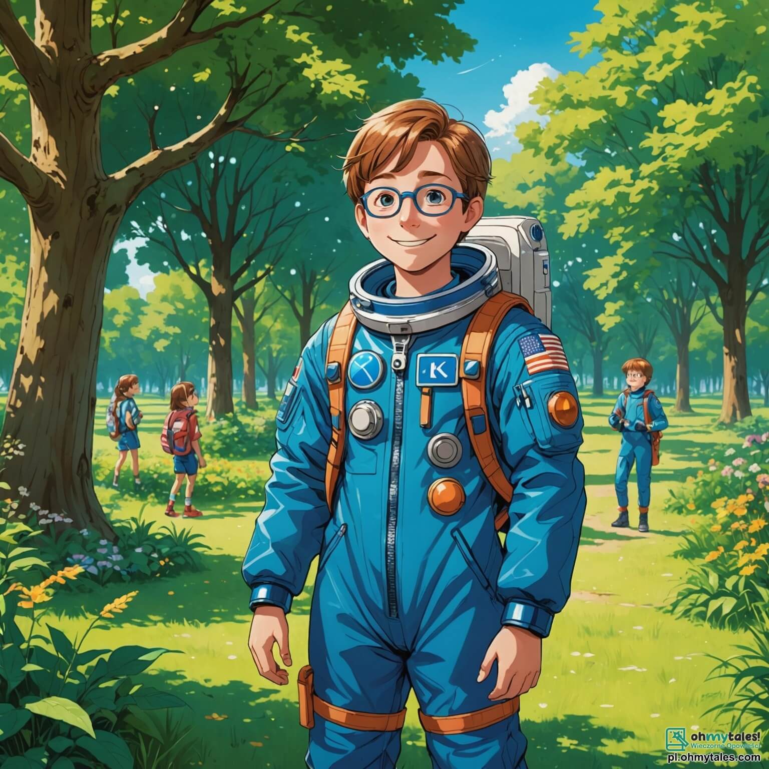Une illustration destinée aux enfants représentant un homme au visage souriant et aux yeux pétillants de curiosité, vêtu d'un éclatant costume d'astronaute bleu, se tenant dans un parc verdoyant de Słoneczkówka, où des enfants aux cheveux dorés et bruns, dont une fille aux couettes et un garçon aux lunettes, l'écoutent avec émerveillement alors qu'il leur raconte ses incroyables aventures dans l'espace, sous un ciel teinté de rose et de violet à l'approche de la nuit, tandis qu'un télescope scintille à ses côtés, prêt à dévoiler les mystères des étoiles.