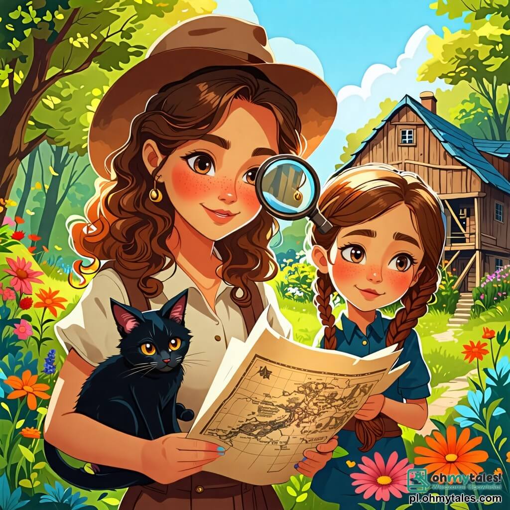 Une illustration sous forme de dessin destinée aux enfants représentant un vieux moulin en bois, entouré d'arbres verdoyants et de fleurs colorées, avec une jeune femme aux cheveux bruns et bouclés, portant une loupe et un chapeau de détective, examinant attentivement une carte mystérieuse, tandis qu'à ses côtés, une petite fille aux yeux brillants et aux tresses, tenant un chat noir dans ses bras, regarde avec curiosité et espoir, alors qu'elles découvrent ensemble un ancien secret caché dans le moulin.
