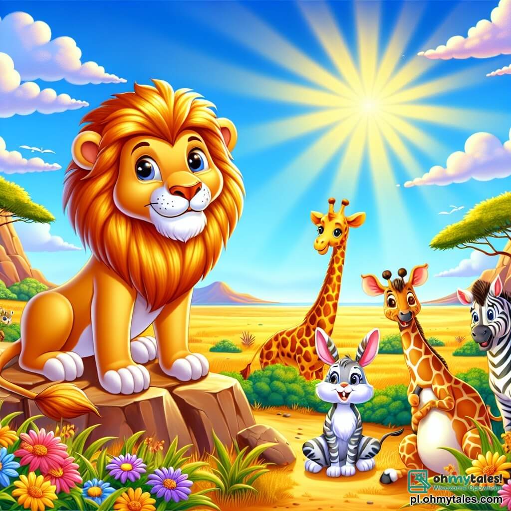 Une illustration sous forme de dessin destinée aux enfants représentant une vaste savanne dorée sous un ciel bleu éclatant, où un majestueux lion à la crinière flamboyante se tient sur un rocher, observant avec bienveillance ses amis : une petite girafe au long cou, qui lève la tête avec inquiétude, et un mignon petit lapin aux grandes oreilles, caché derrière un buisson, alors qu'ils cherchent ensemble le chemin pour retrouver le zèbre disparu, entourés de fleurs colorées et d'animaux curieux qui les encouragent dans leur quête.
