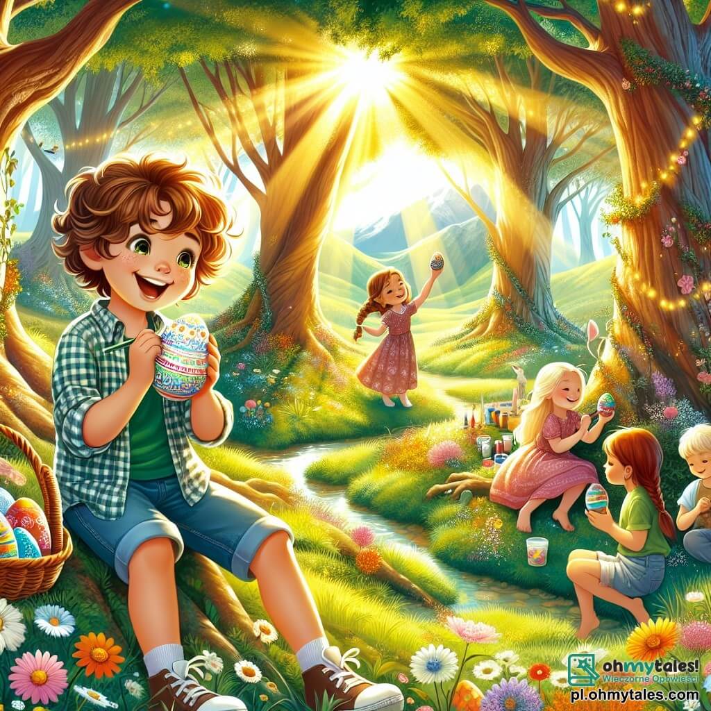 Ilustracja przedstawiająca magiczną scenę na słonecznej polanie w sercu zaczarowanego lasu. Majestatyczne drzewa o grubych pniach i zielonych liściach przepuszczają promienie złotego światła, oświetlając podłoże pokryte kolorowymi kwiatami i świeżą trawą. Na środku polany, 11-letni chłopiec o kręconych brązowych włosach, ubrany w koszulę w kratę i dżinsowe szorty, siedzi na dywanie z kwiatów, z szerokim uśmiechem na twarzy, trzymając w rękach pięknie ozdobione jajko wielkanocne, zachwycony żywymi kolorami i wzorami, które namalował. Wokół niego kilka dzieci w wieku około 10 lat maluje jajka wielkanocne. Dziewczynka z warkoczami i różową sukienką dodaje brokat do swojego jajka, podczas gdy chłopiec w okularach i brązowych włosach, noszący zieloną koszulkę, chlapie farbą na jajko, radośnie się śmiejąc. Główna scena ukazuje ekscytację i kreatywność dzieci biorących udział w świątecznej aktywności malowania jajek wielkanocnych, otoczonych kolorowymi dekoracjami i śmiechem, ucieleśniając radosnego ducha tej wiosennej celebracji. Małe papierowe króliki i girlandy z kwiatów dodają magii tej zaczarowanej scenerii.
