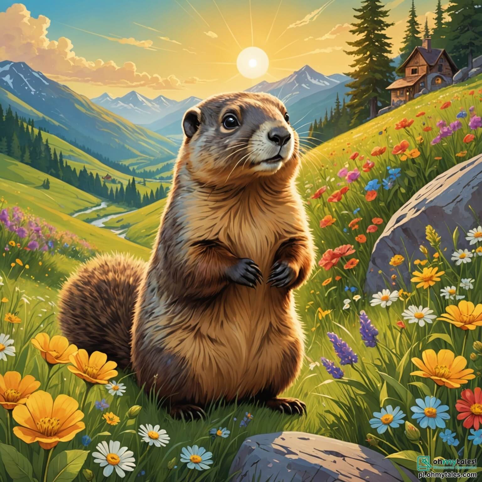 Une illustration destinée aux enfants représentant une adorable marmotte aux yeux pétillants de curiosité, dont le pelage doux et soyeux scintille sous les rayons dorés du soleil, se tient au bord d'une prairie verdoyante parsemée de fleurs colorées dans une vallée enchantée, où elle rêve d'explorer les mystères d'une forêt magique située au-delà des collines ondulantes, tout en étant accompagnée de ses fidèles amis, un joyeux lapin aux grandes oreilles et une malicieuse écureuil aux pattes agiles, prêts à l'aider dans sa quête pour découvrir des baies enchantées qui promettent des aventures extraordinaires.