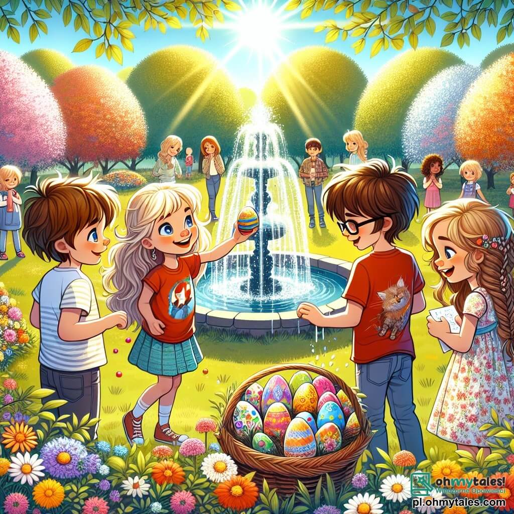 Ilustracja przedstawiająca słoneczny park wiosną, wypełniony kolorowymi kwiatami i zielonymi drzewami. W centrum grupa czterech dzieci, dwóch chłopców i dwóch dziewczynek, zgromadzona wokół dużej, lśniącej fontanny. Pierwszy chłopiec, ośmioletni, ma potargane brązowe włosy i nosi czerwoną koszulkę z motywem superbohatera. Sięga ręką po kolorowe jajko unoszące się w wodzie. Druga dziewczynka, również ośmioletnia, ma długie warkocze blond włosów i nosi sukienkę w kwiaty. Z zachwytem patrzy na jajko, jej oczy błyszczą ciekawością. Trzecie dziecko, chłopiec w okularach z brązowymi włosami, robi notatki na małej kartce, wyglądając na skoncentrowanego. Czwarta dziewczynka, z kręconymi włosami i promiennym uśmiechem, trzyma koszyk wypełniony ozdobionymi jajkami, gotowa do podzielenia się swoimi znaleziskami. W tle inne dzieci bawią się i śmieją, podczas gdy kolorowe balony unoszą się na błękitnym niebie. Atmosfera jest radosna i świąteczna, uchwycając ducha wielkanocnego poszukiwania jajek.
