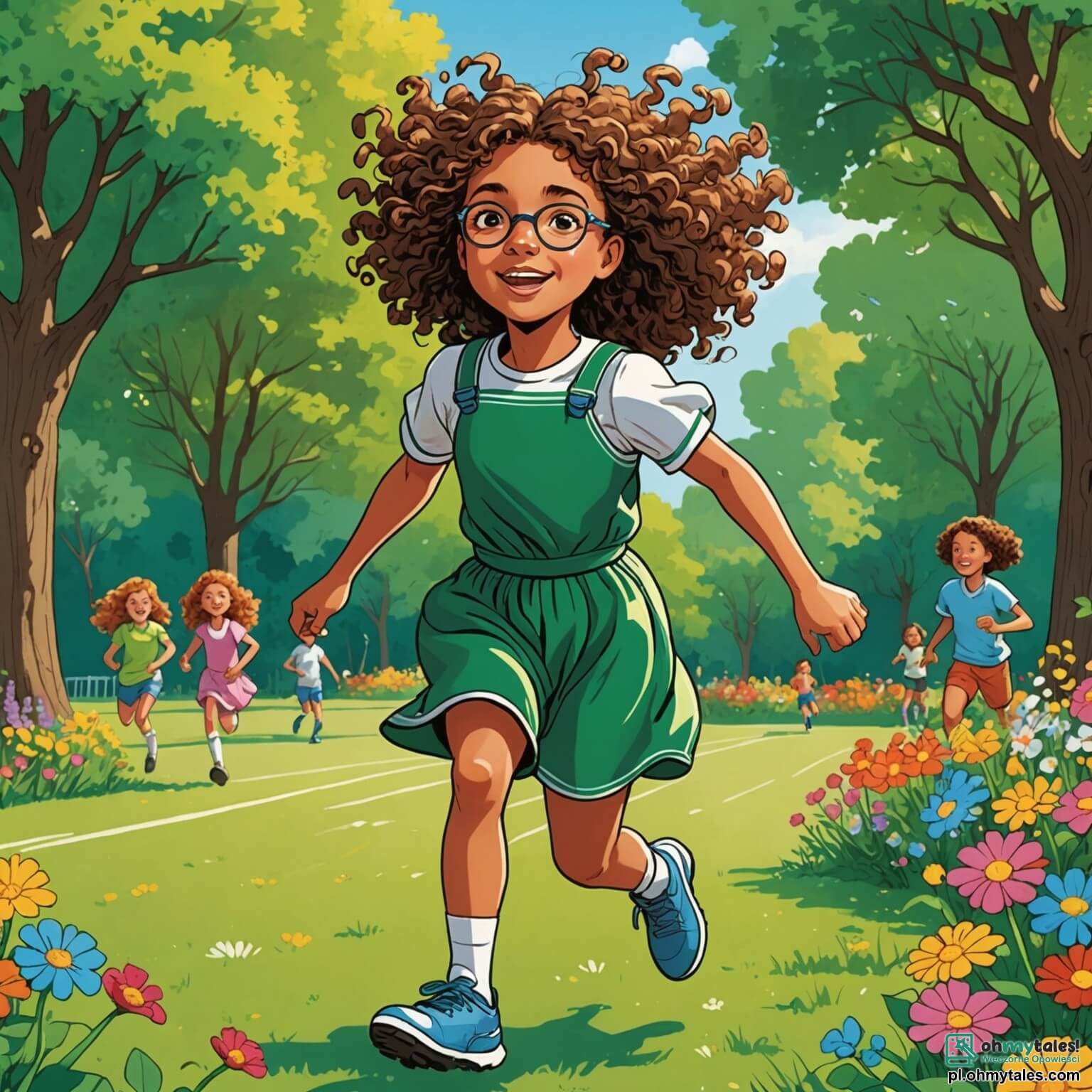 Une illustration destinée aux enfants représentant une jeune fille aux cheveux bouclés, pleine de détermination et de rêves, courant avec passion sur un petit terrain de football verdoyant, entouré de fleurs colorées et de grands arbres qui dansent sous la brise légère, tandis qu'elle s'entraîne avec ses camarades de jeu, dont une autre fille aux cheveux tressés qui l'encourage avec enthousiasme, et un garçon aux lunettes qui lui lance la balle avec un sourire complice, le tout se déroulant sous un ciel bleu éclatant, où les rires et les cris de joie résonnent, créant une atmosphère magique de camaraderie et d'aventure sportive.