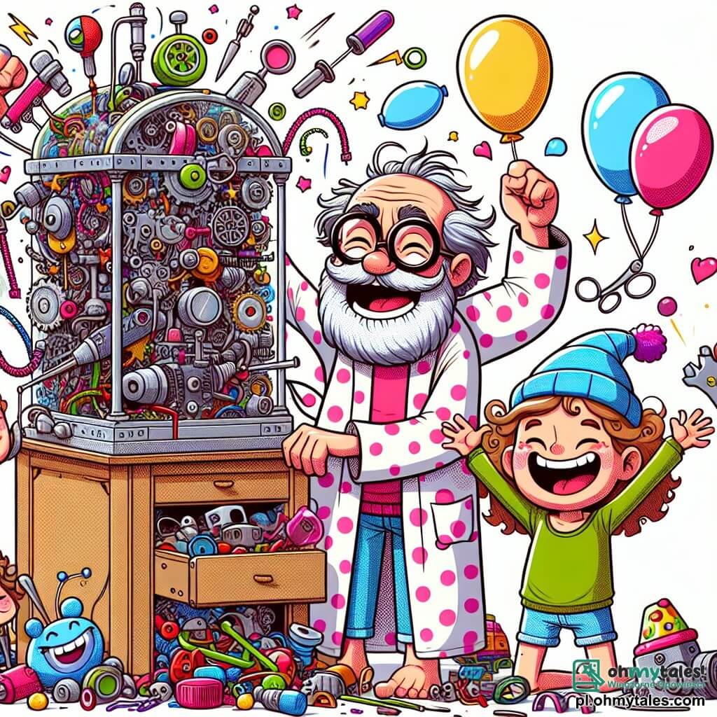 Une illustration sous forme de dessin destinée aux enfants représentant un atelier coloré et chaotique, rempli de machines étranges et de pièces éparpillées, où un homme âgé à la longue barbe grise et aux lunettes épaisses, vêtu d'un schlafrok à pois, se tient joyeusement à côté de sa machine farfelue, entouré d'une jeune fille souriante aux cheveux bouclés et d'un garçon espiègle avec une casquette, tous deux riant aux éclats alors que des ballons et des accessoires comiques volent dans les airs, illustrant le moment où ils testent ensemble leur invention pour transformer les tristesses en rires.