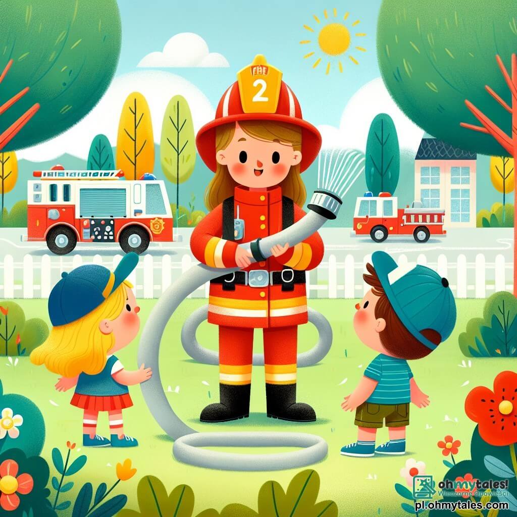 Une illustration sous forme de dessin destinée aux enfants représentant un parc ensoleillé avec des arbres verdoyants et des fleurs colorées, où une femme pompier courageuse, portant un uniforme rouge et un casque brillant, montre un grand tuyau d'incendie aux enfants, une fille aux cheveux blonds et une casquette bleue, et un garçon aux cheveux bruns tenant une petite voiture de pompier, tous deux émerveillés par la démonstration de la pompier qui leur explique comment éteindre un feu, créant une atmosphère joyeuse et éducative.