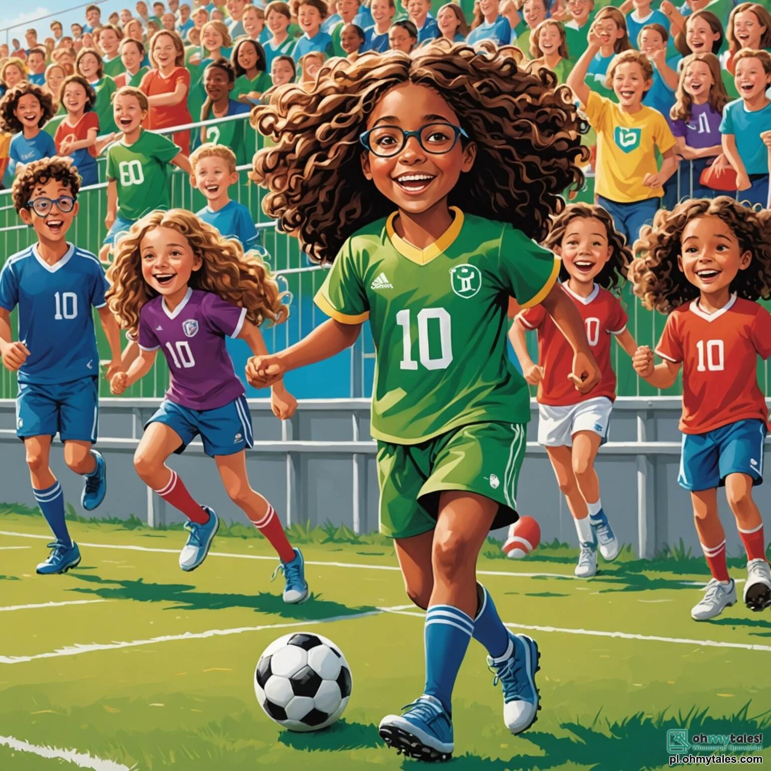 Une illustration destinée aux enfants représentant une jeune fille pleine de détermination, aux cheveux longs et bouclés, drapée dans un maillot de football aux couleurs vives, qui dribble avec agilité sur un terrain verdoyant, entourée de ses camarades de jeu, une autre fille au sourire éclatant et un garçon aux lunettes, tous deux l'encourageant avec des cris de joie, tandis qu'en arrière-plan, se dressent des gradins colorés remplis de familles et d'amis, sous un ciel bleu parsemé de nuages cotonneux, où l'odeur de l'herbe fraîchement coupée se mêle à l'excitation palpable d'un match de football qui pourrait changer leur vie.