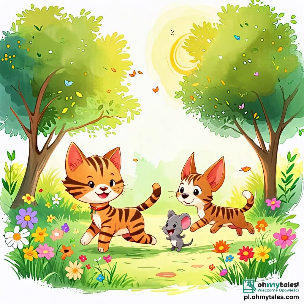 Une illustration sous forme de dessin destinée aux enfants représentant un parc ensoleillé avec des fleurs colorées et des arbres verdoyants, où un petit chat aux poils doux et rayés joue joyeusement, entouré de son ami un chien aux grandes oreilles et au pelage brun qui court après lui, tandis qu'une petite souris grise les observe en souriant, le tout illustrant un moment de joie et d'amitié lors d'une belle journée d'aventure.