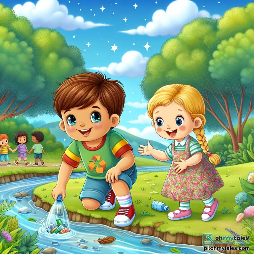 Une illustration sous forme de dessin destinée aux enfants représentant un petit stang à la surface d'un parc verdoyant, où un garçon de 5 ans aux cheveux châtains et aux yeux pétillants, vêtu d'un t-shirt coloré et de shorts, s'agenouille pour ramasser des déchets dans l'eau, tandis qu'à ses côtés, une fille de 5 ans aux cheveux blonds tressés, portant une robe à fleurs, l'encourage avec un grand sourire, le tout sous un ciel bleu parsemé de nuages blancs, symbolisant l'importance de protéger l'environnement et de lutter contre la pollution.