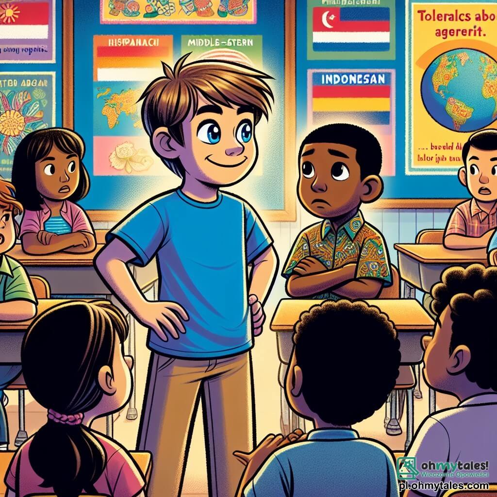 Une illustration sous forme de dessin destinée aux enfants représentant une salle de classe colorée avec des murs décorés de posters sur la diversité, où un garçon de 11 ans aux cheveux bruns et aux yeux pétillants, portant un t-shirt bleu, se tient debout avec assurance, défendant un camarade d'origine indonésienne aux cheveux noirs et à la peau mate, qui semble un peu triste, tandis que d'autres enfants aux visages variés, de différentes origines ethniques, les observent avec curiosité, illustrant un moment clé de solidarité et de tolérance face à des moqueries, le tout baigné dans une lumière chaleureuse et encourageante.