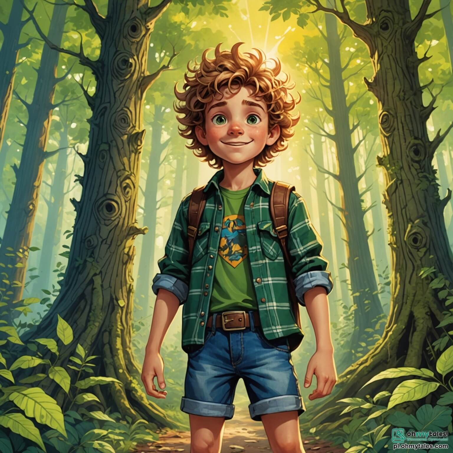 Une illustration destinée aux enfants représentant un garçon intrépide aux cheveux ébouriffés et aux yeux pétillants d'excitation, vêtu d'une chemise à carreaux et d'un short en jean, se tenant fièrement devant une forêt mystérieuse aux arbres majestueux aux troncs noueux et aux feuilles d'un vert éclatant, où des rayons de soleil dansent à travers les branches, tandis qu'il est entouré de ses fidèles amis : une fille aux boucles dorées et au sourire éclatant, une autre fille aux lunettes rondes et à l'esprit vif, ainsi qu'un garçon curieux avec un chapeau de paille, tous prêts à partir à l'aventure à la recherche d'un trésor caché, défiant ainsi les légendes d'un ancien sorcier qui aurait dissimulé son butin au cœur de cette nature enchantée.