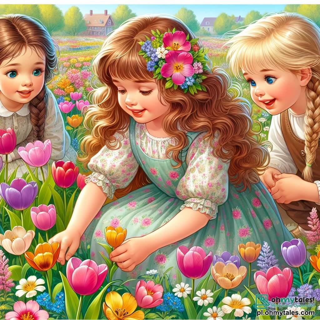 Une illustration sous forme de dessin destinée aux enfants représentant une magnifique łąka printanière, pleine de fleurs colorées, où une fille de 6 ans aux longs cheveux bouclés, vêtue d'une robe légère à fleurs, s'agenouille pour cueillir des tulipes, tandis qu'à ses côtés, deux enfants, une fille aux cheveux bruns en tresse et un garçon aux cheveux blonds, l'observent avec émerveillement, tous trois souriant et partageant un moment de joie et d'amitié au cœur de la nature épanouie.