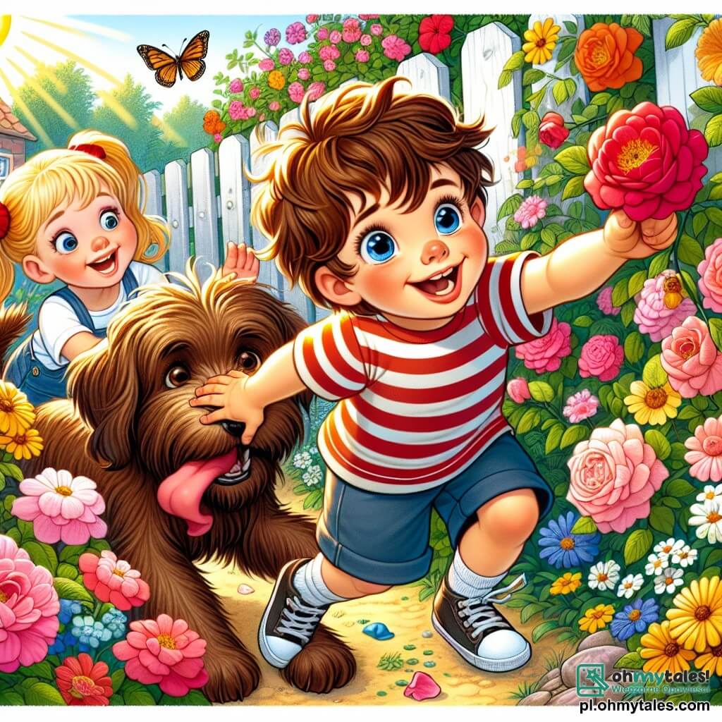 Une illustration sous forme de dessin destinée aux enfants représentant un jardin ensoleillé rempli de fleurs colorées, où un garçon de 5 ans aux cheveux châtains et aux yeux pétillants, vêtu d'un t-shirt rayé et de shorts, cherche désespérément une skarpetka rouge cachée parmi les roses, tandis que sa meilleure amie, une petite fille aux cheveux blonds et aux couettes, l'observe avec un sourire encourageant, tenant un gros chien marron qui s'amuse à courir après un papillon, le tout dans une ambiance joyeuse et ludique, illustrant leur quête pour retrouver la skarpetka perdue.