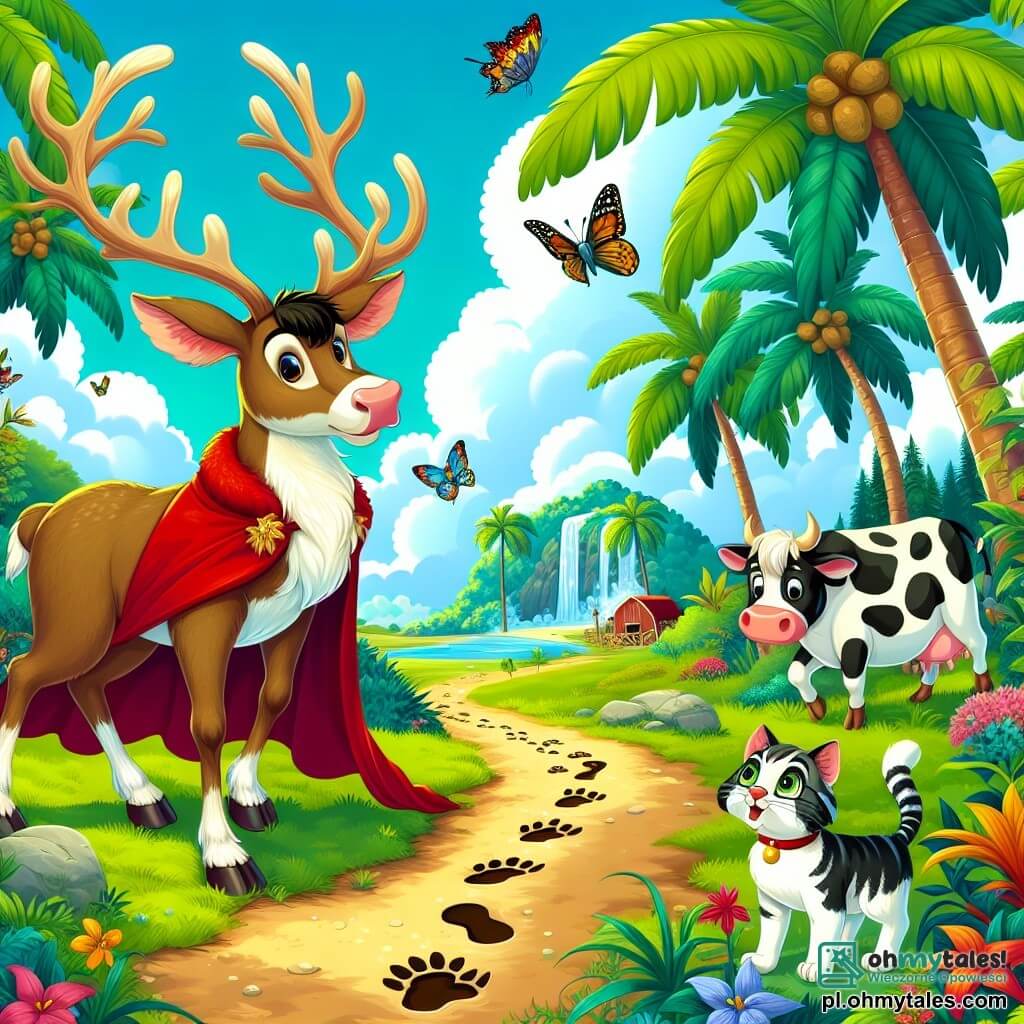 Ilustracja przedstawiająca wspaniałą tropikalną farmę, otoczoną zielonymi palmami i kolorowymi kwiatami. W centrum stoi renifer o jasnobrązowym futrze, z dużymi, majestatycznymi rogami i czerwoną peleryną powiewającą na wietrze, z ciekawym wyrazem twarzy, badający tajemnicze ślady na ziemi. Obok niego stoi krowa o czarno-białym futrze, w okularach przeciwsłonecznych, radośnie śpiewająca, podczas gdy mały pręgowany kotek siedzący na kamieniu obserwuje scenę z figlarnym błyskiem w oczach. Razem odkrywają gigantyczne ślady prowadzące do jasnego, lśniącego wodospadu, otoczonego bujną roślinnością. Atmosfera jest radosna i pełna tajemnic, z kolorowymi ptakami latającymi po niebieskim niebie i motylami krążącymi wokół nich, dodającymi magii tej wesołej przygodzie.