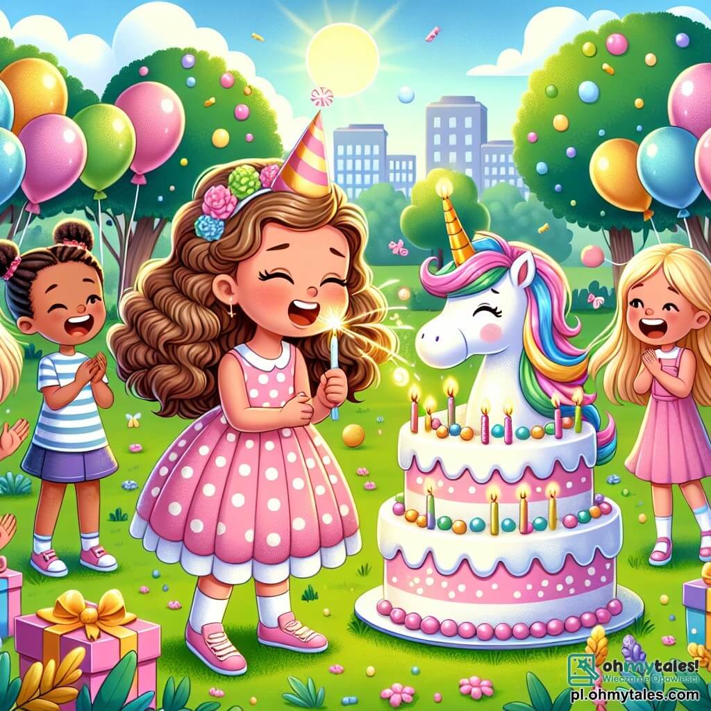 Une illustration sous forme de dessin destinée aux enfants représentant un parc ensoleillé rempli de ballons colorés et de rires d'enfants, avec une fille de 9 ans aux cheveux bruns et bouclés, portant une robe rose à pois, en train de souffler les bougies d'un magnifique gâteau d'anniversaire en forme de licorne, entourée de ses amis, dont une fille aux cheveux blonds tressés, qui applaudit avec enthousiasme, et un garçon aux cheveux châtains, qui tient un cadeau scintillant, le tout dans une ambiance joyeuse et festive, symbolisant la magie des anniversaires.