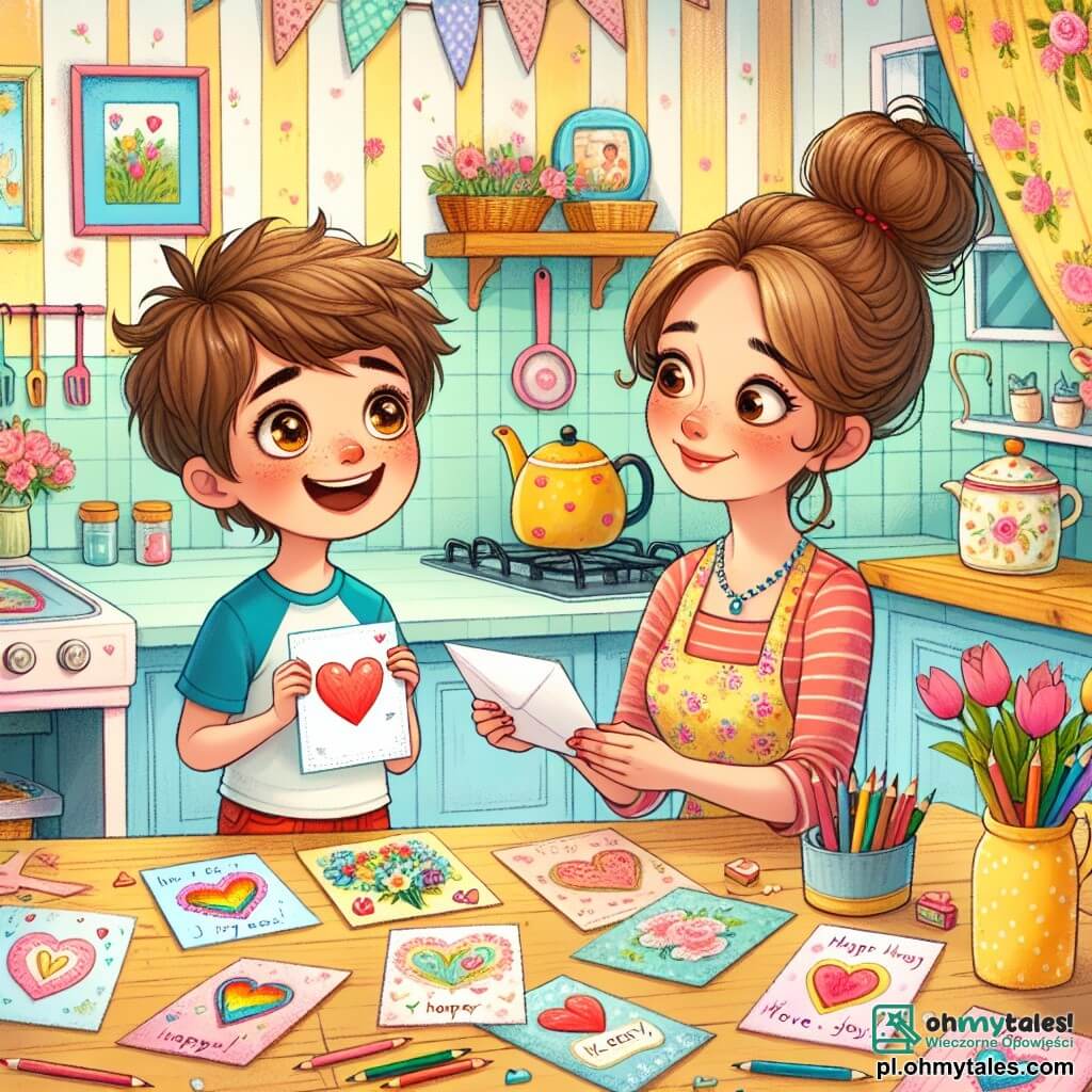 Ilustracja przedstawiająca przytulną i kolorową kuchnię, z pastelowo żółtymi ścianami i kwiecistymi zasłonami. Na drewnianym stole porozrzucane są ręcznie robione kartki, ozdobione kolorowymi rysunkami i słodkimi słowami. W centrum obrazu stoi dziewięcioletni chłopiec z rozczochranymi brązowymi włosami i błyszczącymi oczami radości, trzymający kartkę w kształcie serca. Ma na sobie niebieską koszulkę i czerwone szorty, a jego twarz promienieje ekscytacją i dumą. Obok niego stoi kobieta w wieku około czterdziestu lat, z brązowymi włosami związanymi w kok i ciepłym uśmiechem, która z zachwytem przygląda się kartkom. Ma na sobie kwiecisty fartuch i wydaje się poruszona gestem swojego syna. Scena uchwyca moment, w którym chłopiec prezentuje swoje dzieła matce, otoczeni atmosferą szczęścia i miłości. Na stole widać kredki, kartki papieru i talerz pysznych naleśników, co dodaje smaku tej pięknej celebracji Dnia Matki.