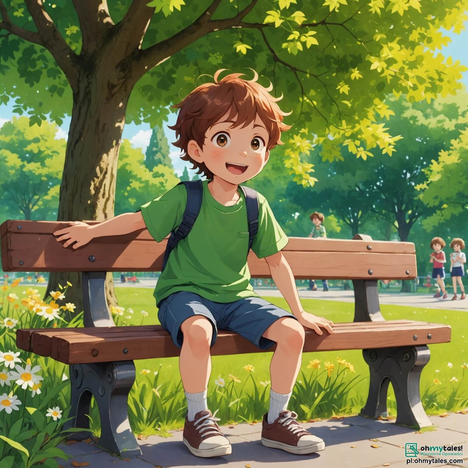 Une illustration destinée aux enfants représentant un petit garçon aux cheveux châtains et aux yeux pétillants, qui, malgré un léger air fatigué et un ventre douloureux, se trouve assis sur un banc dans un parc ensoleillé, entouré de rires d'autres enfants, dont son meilleur ami à la chevelure brune et bouclée, tandis que des fleurs colorées dansent au gré du vent et que de grands arbres aux feuilles verdoyantes offrent une ombre accueillante, créant un tableau vivant où l'espoir de retrouver la joie des jeux et des rires se mêle à la douceur d'une journée d'été.