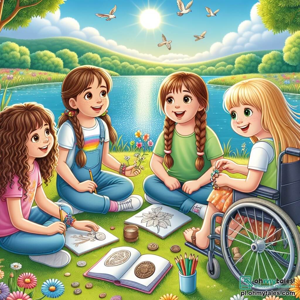 Ilustracja przedstawiająca grupę czterech dziewcząt w wieku około dwunastu lat, siedzących w kręgu na zielonej trawie nad błyszczącym w słońcu latem jeziorem. Ich twarze promienieją radością i ekscytacją. Pierwsza dziewczyna, z kręconymi brązowymi włosami, ma na sobie kolorowy t-shirt i szorty. Trzyma szkicownik i ołówek, gotowa do rysowania krajobrazu. Druga, z długimi warkoczami blond włosów, nosi lekką sukienkę i uśmiecha się, pokazując piękną bransoletkę, którą właśnie stworzyła. Trzecia, z gładkimi brązowymi włosami, pokazuje starą monetę, którą znalazła, z błyszczącymi oczami pełnymi zachwytu. Czwarta, z kręconymi włosami i promiennym uśmiechem, siedzi na wózku inwalidzkim, otoczona przyjaciółkami, i z fascynacją patrzy na jezioro. W tle widać niebieskie jezioro otoczone dużymi, zielonymi drzewami, z ptakami latającymi po niebie. Kolorowe kwiaty rozsiane po trawie dodają magii tej scenie. Atmosfera jest radosna i przyjazna, uchwycając ducha letnich wakacji i przyjaźni.