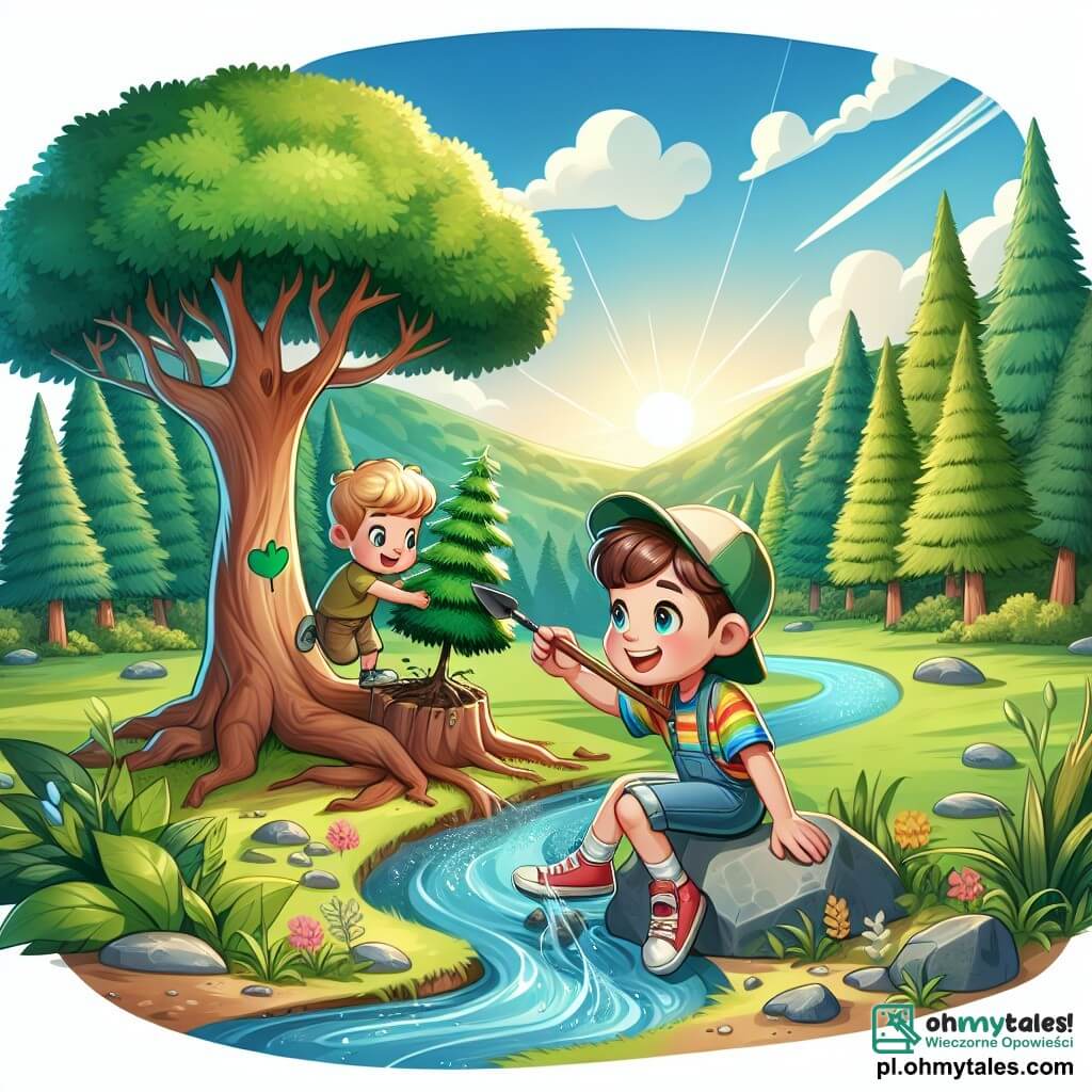 Une illustration sous forme de dessin destinée aux enfants représentant un magnifique paysage de forêt verdoyante avec des arbres majestueux et un doux ruisseau scintillant, où un garçon de 9 ans aux cheveux bruns et aux yeux pétillants, vêtu d'un t-shirt coloré et de shorts, est assis sur un rocher en train de dessiner avec enthousiasme un arbre qu'il vient de planter, tandis qu'un autre garçon de son âge, aux cheveux blonds et portant une casquette, l'observe avec admiration tout en tenant une petite pelle, illustrant ainsi leur engagement à protéger la nature et à lutter contre le changement climatique.