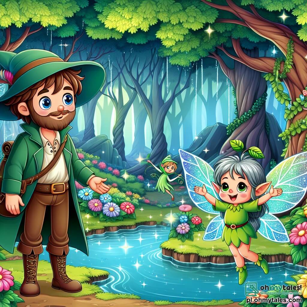 Une illustration sous forme de dessin destinée aux enfants représentant un magnifique et mystérieux forêt enchantée, avec des arbres majestueux aux feuilles scintillantes, où un homme aux cheveux bruns et au grand chapeau bleu, souriant et curieux, se tient au bord d'un lac émeraude, tandis qu'une petite elfette aux cheveux argentés et aux ailes en forme de feuilles danse joyeusement autour de lui, illustrant le moment magique où ils découvrent ensemble le lac des souhaits, entourés de fleurs colorées et d'animaux fantastiques, symbolisant l'amitié et la magie de la nature.