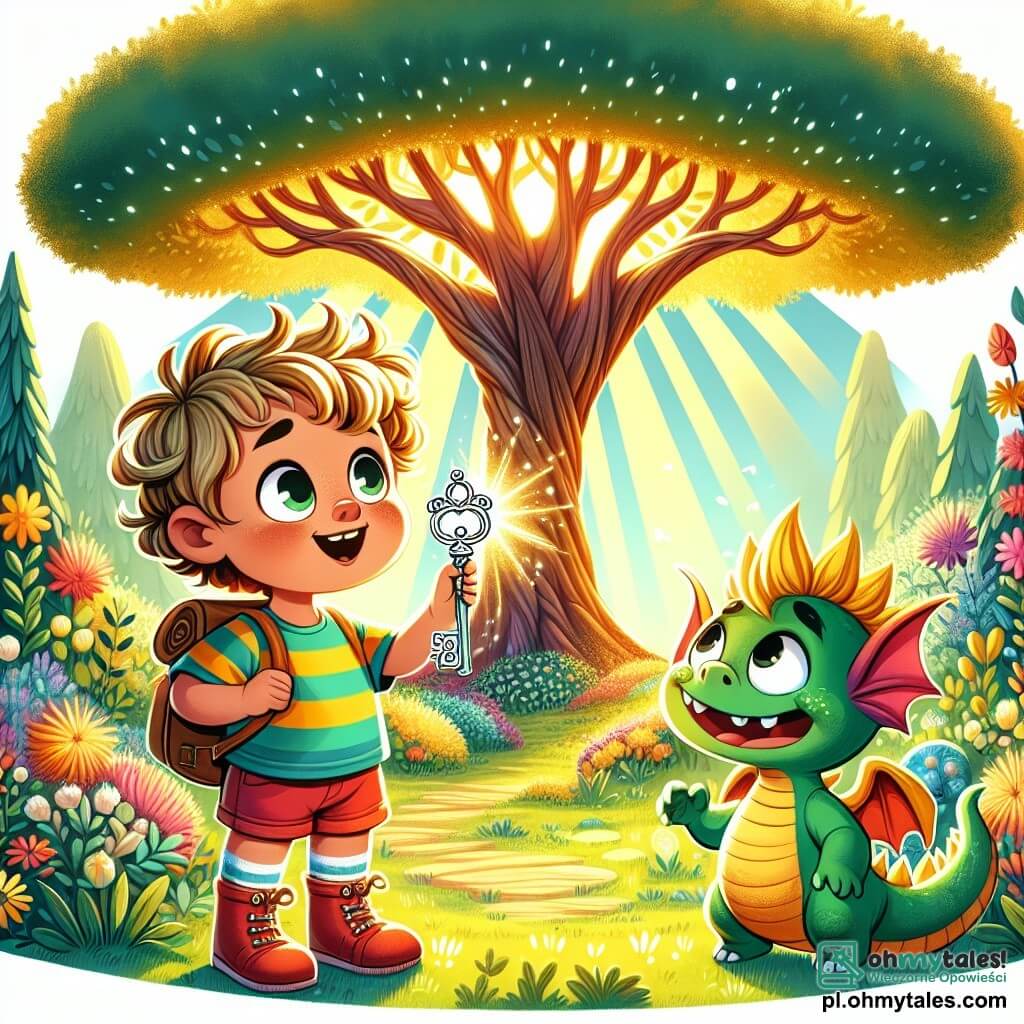 Une illustration sous forme de dessin destinée aux enfants représentant une clairière enchantée, baignée de lumière dorée, avec un grand chêne majestueux au centre, où un garçon de 3 ans aux cheveux bouclés et aux yeux pétillants, vêtu d'un t-shirt coloré et d'un short, se tient émerveillé en tenant un petit clé argentée, tandis qu'à ses côtés, un petit stworek vert aux grandes oreilles et au sourire malicieux, nommé Miko, l'encourage à explorer la magie de leur monde, alors qu'ils se préparent à rencontrer le Złoty Smok, un dragon doré aux écailles brillantes, qui les attend avec bienveillance, prêt à partager ses secrets.
