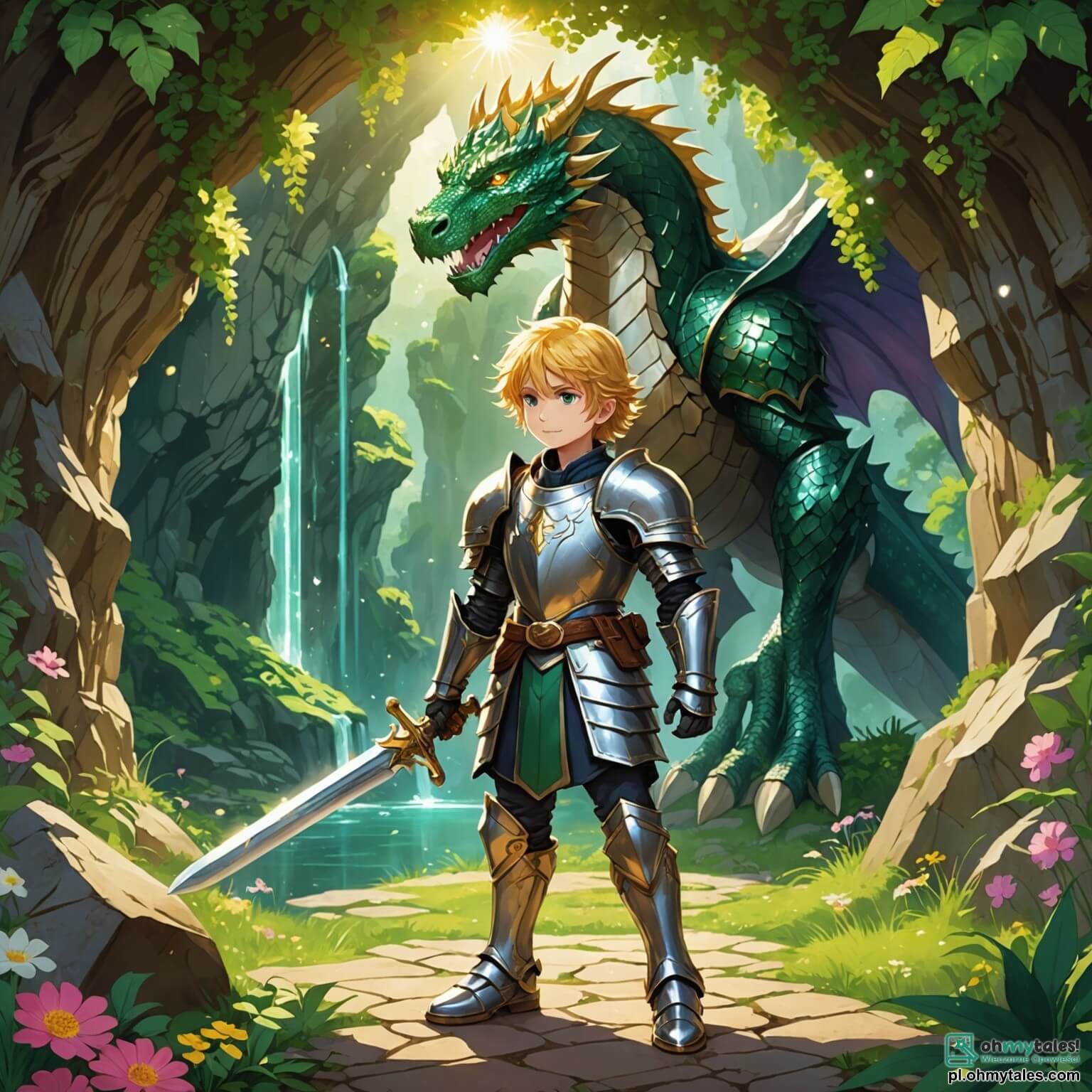 Une illustration destinée aux enfants représentant un jeune chevalier intrépide, aux cheveux dorés et à l'armure scintillante, se tenant fermement devant une majestueuse jaskinia aux parois scintillantes comme des diamants, où un dragon aux écailles d'émeraude garde jalousement un œuf magique, tandis qu'à l'arrière-plan, une forêt luxuriante aux arbres géants et aux fleurs éclatantes s'étend à perte de vue, avec des rayons de soleil filtrant à travers le feuillage, et où se tiennent des camarades courageux, un jeune garçon au regard déterminé et une jeune fille au sourire plein d'espoir, prêts à soutenir leur ami dans cette quête périlleuse pour sauver leur royaume d'une sombre menace.