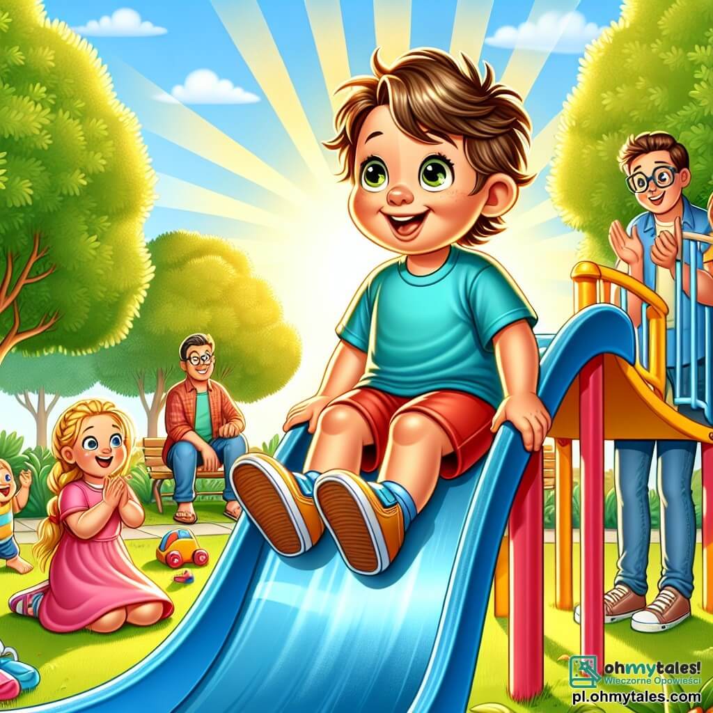 Ilustracja przedstawiająca słoneczny park z dużą zieloną przestrzenią, drzewami o jaskrawozielonych liściach oraz dużą, kolorową zjeżdżalnią, która majestatycznie wznosi się w górę. Na pierwszym planie, 3-letni chłopiec z dużymi, ciekawymi oczami i potarganymi brązowymi włosami siedzi na szczycie zjeżdżalni. Ma na sobie niebieską koszulkę i czerwone szorty, a na jego twarzy widać uśmiech pełen ekscytacji i lekkiej nerwowości. Obok niego są dwa dzieci: 4-letnia dziewczynka z warkoczami w blond włosach, w różowej sukience, która z szerokim uśmiechem go zachęca, oraz 5-letni chłopiec z brązowymi włosami w okularach, który entuzjastycznie klaska. Scena uchwyca moment, gdy mały chłopiec, gotowy do zjazdu, bierze głęboki oddech, symbolizując swoją rozwijającą się pewność siebie. W tle rodzice siedzący na ławce obserwują scenę z dumą, a zabawki rozsypane w trawie dodają ilustracji życia i radości.