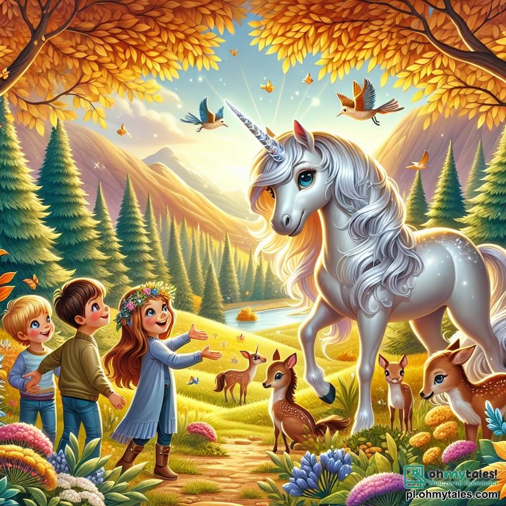 Une illustration sous forme de dessin destinée aux enfants représentant une magnifique vallée enchantée avec des arbres aux feuilles dorées et des fleurs colorées, au centre une majestueuse licorne aux crins argentés et au ronge scintillant, se tenant fièrement tout en interagissant joyeusement avec un groupe d'enfants, dont une fille aux longs cheveux bruns et aux yeux pétillants, qui sourit et tend la main vers la licorne, tandis qu'un garçon aux cheveux blonds et aux yeux bleus observe avec émerveillement, tous deux entourés de créatures magiques comme des petits faons et des oiseaux colorés, illustrant un moment de découverte et d'amitié dans un monde fantastique.