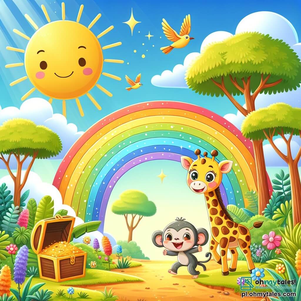 Illustration destinée aux enfants représentant une magnifique dżungla ensoleillée, où de grands arbres aux troncs épais et aux feuilles luxuriantes s'élèvent vers un ciel bleu éclatant, parsemé de nuages cotonneux. Au centre, une girafe au long cou gracieux, ornée de plamki brązowymi na żółtej skórze, regarde avec émerveillement une brillante tęcza qui s'étend à l'horizon. À ses côtés, un petit małpek o szarym futrze, plein d'énergie, saute de joie, ses yeux pétillants d'excitation. Ensemble, ils découvrent une grande skrzynia złota na końcu tęczy, remplie de listy od przyjaciół, symbolizujące przyjaźń i radość. Des fleurs colorées et des oiseaux chantants ajoutent une touche de magie à cette scène pleine de vie et d'aventure.