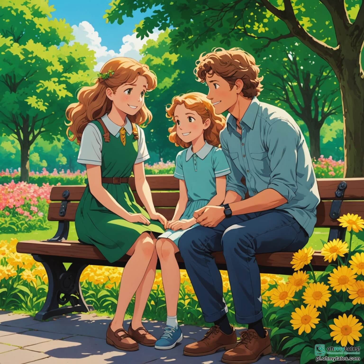 Une illustration destinée aux enfants représentant une petite fille de 10 ans, aux cheveux bouclés et dorés comme les rayons du soleil, assise sur un banc dans un parc verdoyant, entourée de fleurs colorées et d'arbres majestueux, alors qu'elle observe avec des yeux pleins de curiosité et d'inquiétude ses parents, un homme grand et costaud aux cheveux bruns et une femme douce et souriante aux cheveux châtains, se disputant à quelques pas d'elle, créant une atmosphère de tension qui contraste avec la beauté paisible de la nature environnante, tandis que des enfants jouent joyeusement au loin, insouciants des soucis des adultes.