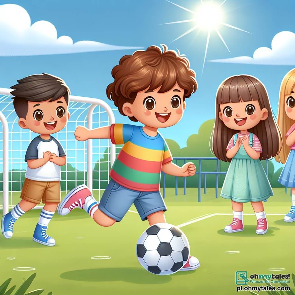 Une illustration sous forme de dessin destinée aux enfants représentant une cour d'école ensoleillée, où une fille de 11 ans aux cheveux bruns et bouclés, portant un t-shirt coloré et un short, s'apprête à lancer un ballon de football, entourée de ses amis : un garçon aux cheveux blonds et courts, vêtu d'un maillot de sport, qui l'encourage avec enthousiasme, et une autre fille aux cheveux longs et lisses, habillée d'une robe légère, qui sourit et applaudit, illustrant ainsi un moment de joie et d'inclusion où tous les enfants, peu importe leur genre, jouent ensemble et célèbrent l'égalité.