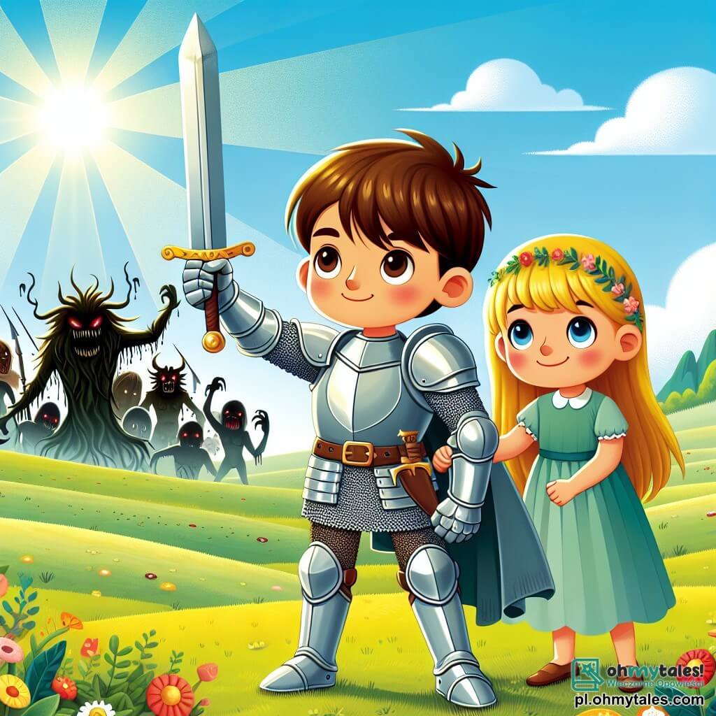 Une illustration sous forme de dessin destinée aux enfants représentant un vaste champ verdoyant ensoleillé, où un jeune chevalier courageux aux cheveux bruns et à la brillante armure argentée brandit son épée avec détermination, tandis qu'à ses côtés, une fille aux cheveux blonds et aux yeux pétillants, vêtue d'une robe colorée, l'encourage avec un sourire, alors qu'ils font face à un groupe de créatures monstrueuses menaçantes qui sortent des ombres des arbres environnants, symbolisant leur bravoure et leur amitié dans une quête pour sauver leur village.