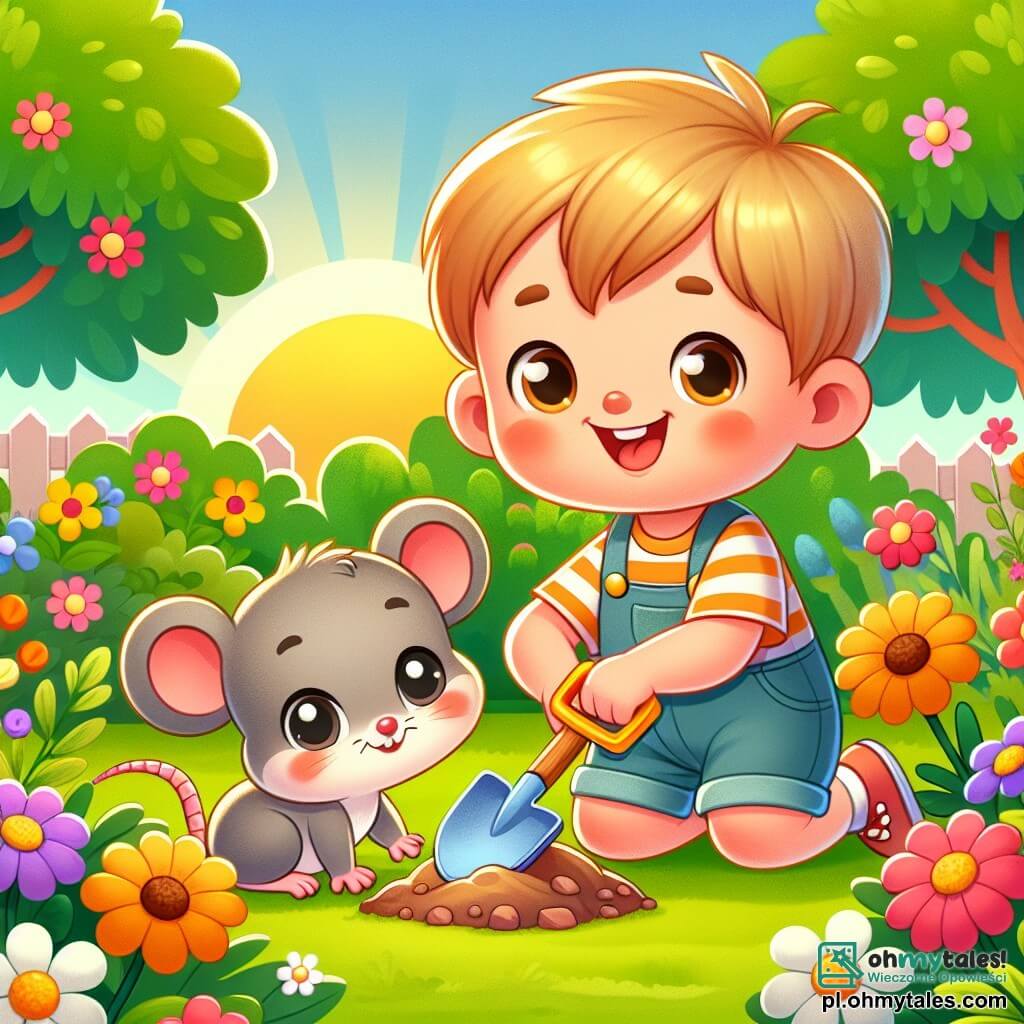 Une illustration sous forme de dessin destinée aux enfants représentant un jardin ensoleillé rempli de fleurs colorées et d'arbres verdoyants, où un petit garçon de 2 ans aux cheveux blonds et aux yeux pétillants, vêtu d'un t-shirt rayé et d'un short, creuse joyeusement avec une petite pelle en plastique, tandis qu'à ses côtés, une petite souris grise avec de grands yeux ronds et une queue longue l'observe avec curiosité, alors qu'ils viennent de découvrir une petite boîte en bois cachée sous un gros rocher, symbolisant leur aventure de chasse au trésor.