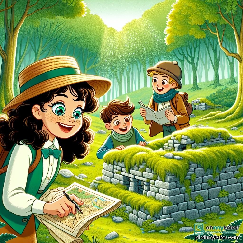 Une illustration sous forme de dessin destinée aux enfants représentant une clairière verdoyante au cœur d'une forêt, où une archéologue femme aux cheveux châtains et bouclés, portant un chapeau de paille et des lunettes, examine avec émerveillement une ancienne ruine recouverte de mousse, tandis que deux enfants, une fille aux yeux pétillants et un garçon aux cheveux blonds, s'approchent avec curiosité, tenant des cartes et des notes, tous trois captivés par la découverte d'un mystérieux trésor caché sous les débris.