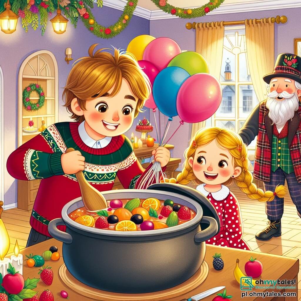 Une illustration sous forme de dessin destinée aux enfants représentant un salon chaleureux décoré pour le Nouvel An, avec un garçon de 9 ans aux cheveux bruns et aux yeux pétillants, portant un pull rouge, qui s'amuse à mélanger une grande casserole de soupe aux fruits sur la table, tandis qu'une fille de 8 ans aux cheveux blonds et tressés, vêtue d'une robe à pois, s'approche avec un grand sourire, et un homme barbu en costume festif, tenant des ballons colorés, entre dans la pièce, créant une atmosphère joyeuse et animée, pleine de rires et de préparatifs pour la célébration.
