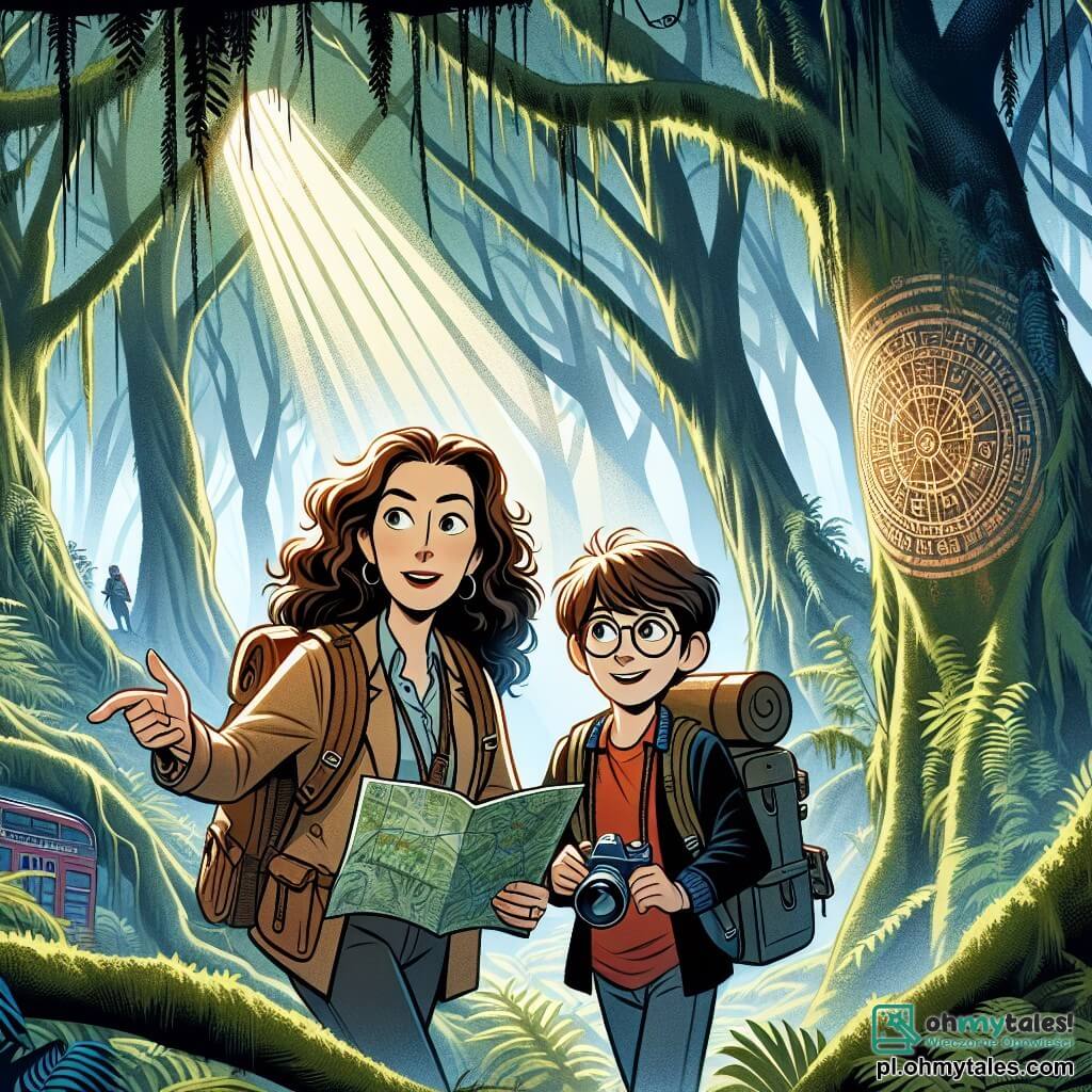 Une illustration sous forme de dessin destinée aux enfants représentant une forêt dense et mystérieuse, avec des arbres majestueux et des rayons de soleil filtrant à travers le feuillage, où une jeune femme aux cheveux bruns et bouclés, portant un sac à dos et une carte à la main, explore avec curiosité le terrain, tandis qu'un garçon aux lunettes et à l'air enthousiaste, tenant un appareil photo, l'accompagne, tous deux sur le point de découvrir un ancien symbole gravé sur un arbre, illustrant leur quête d'aventure et de mystère dans la recherche d'un trésor perdu.
