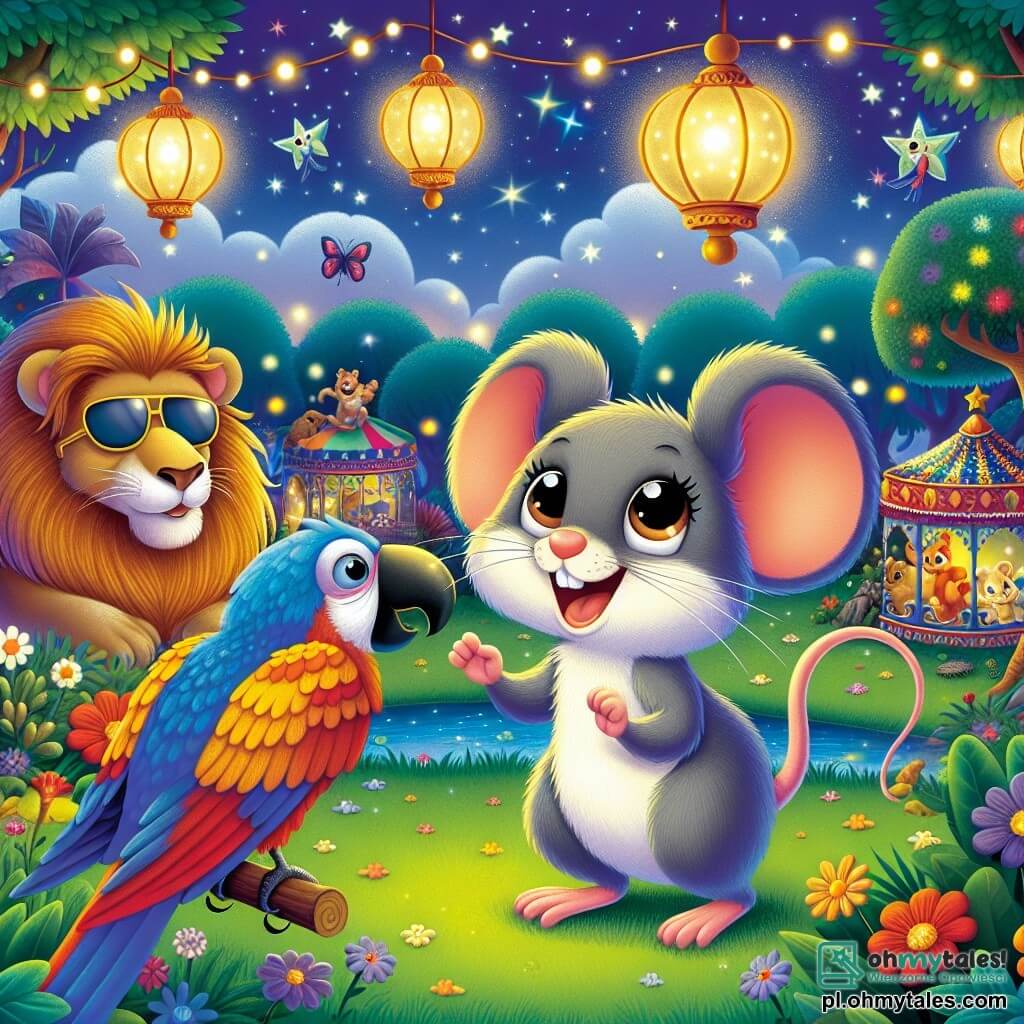 Ilustracja przedstawiająca magiczną scenę w kolorowym zoo pod gwiaździstym niebem. Na środku mała szara myszka z dużymi, błyszczącymi oczami i okrągłymi uszami stoi na tylnych łapkach, z szerokim uśmiechem na twarzy, tańcząc radośnie na zielonej trawie. Obok niej majestatyczny lew z złotą grzywą, noszący okulary przeciwsłoneczne, śmieje się serdecznie, podczas gdy papuga o jaskrawych czerwonych i niebieskich piórach, siedząca na gałęzi, radośnie śpiewa. W tle, zagrody zwierząt oświetlone migoczącymi lampionami tworzą festywną atmosferę, z drzewami o błyszczących liściach i kolorowymi kwiatami, które dodają magii nocy. Scena emanuje atmosferą koleżeństwa i radości, uchwycając ducha nocnej przygody pełnej śmiechu i odkryć.
